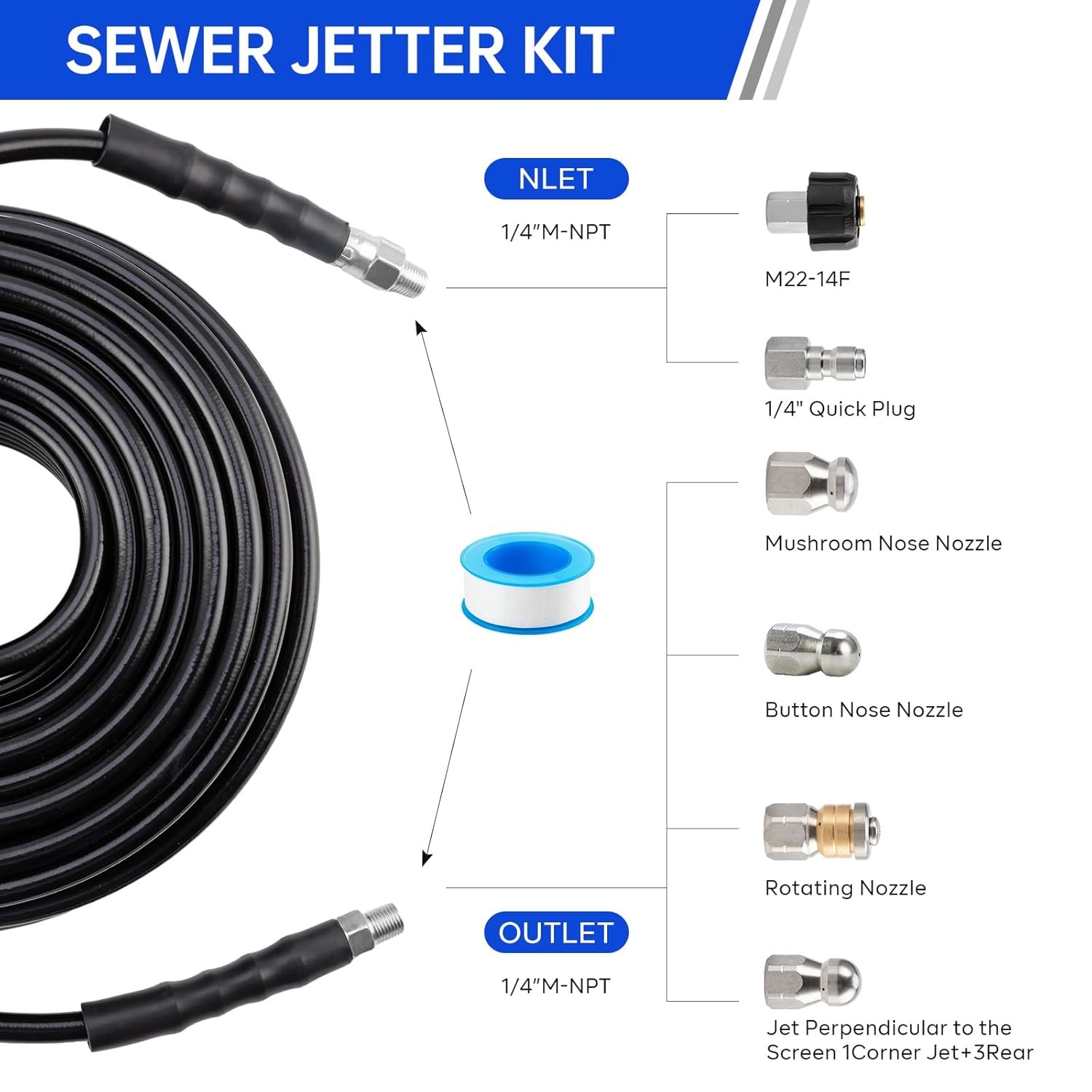 100ft 58mm Pressure Washer Sewer Jetter Kit Drain Cleaning Sewer Equipment Tools