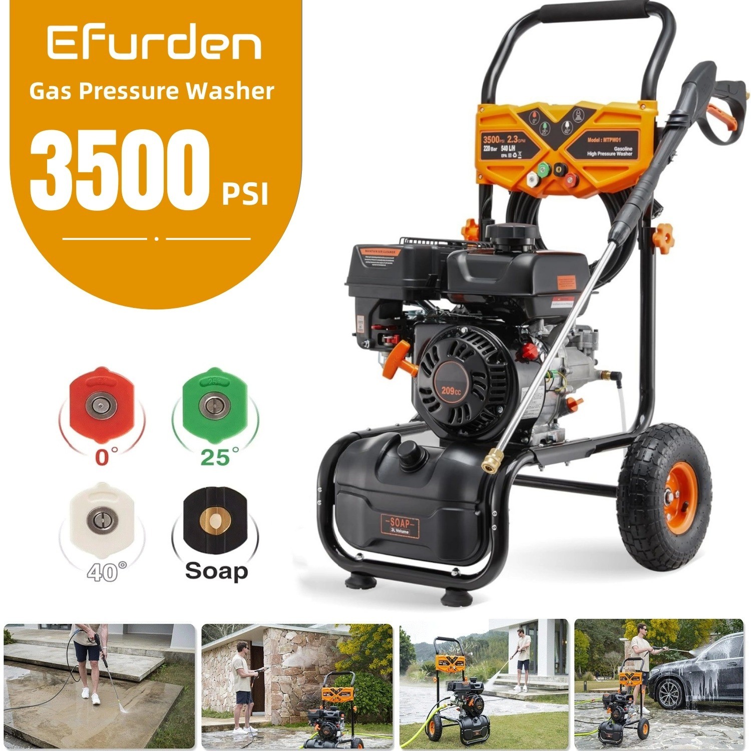Efurden Gas Pressure Washer Gas Powered Washer 3500 PSI 2.3 GPM with SOAP TANK