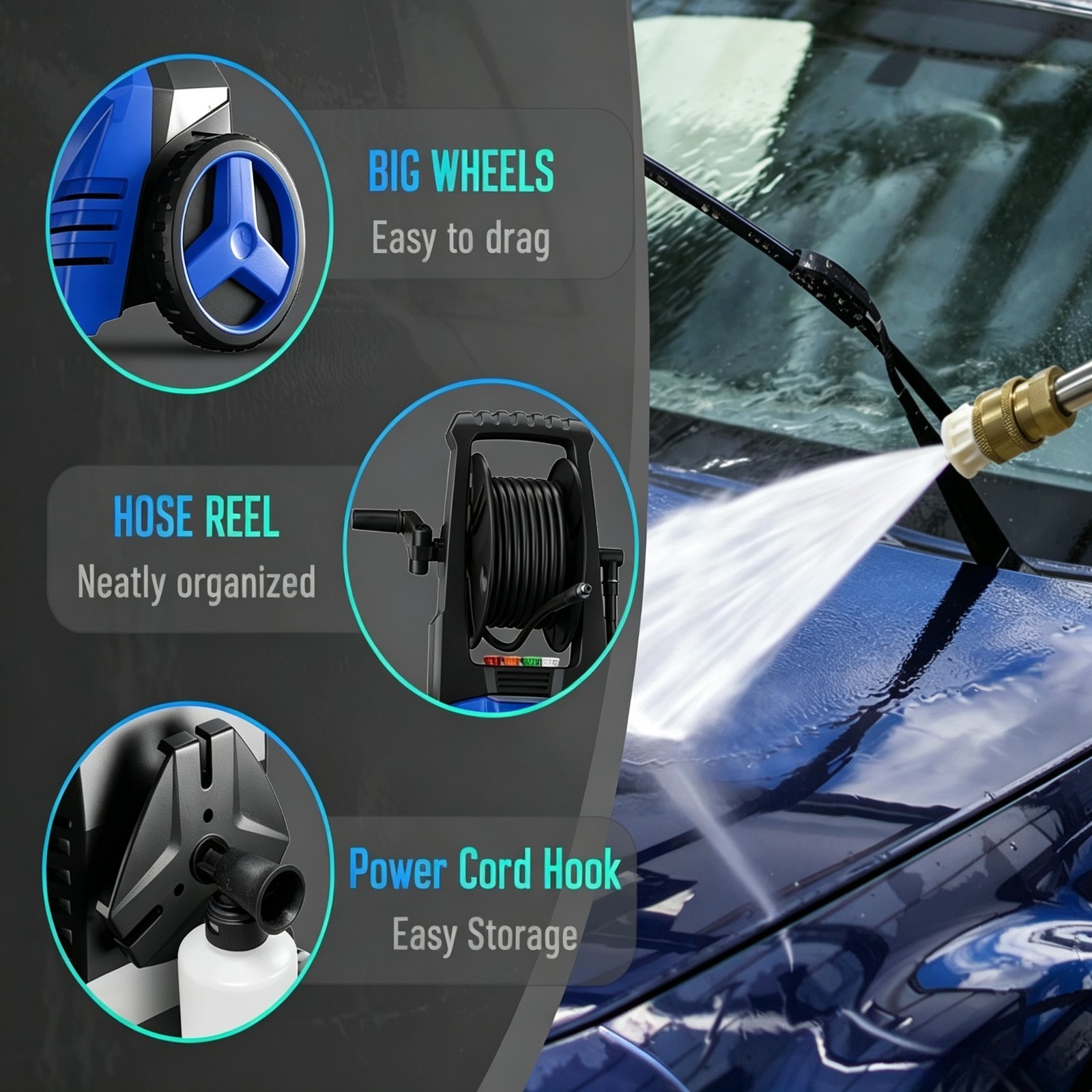 Pressure Washer 4200PSI 2.5GPM, Retractable Hose Reel, 4 Nozzle Tips, for Yard