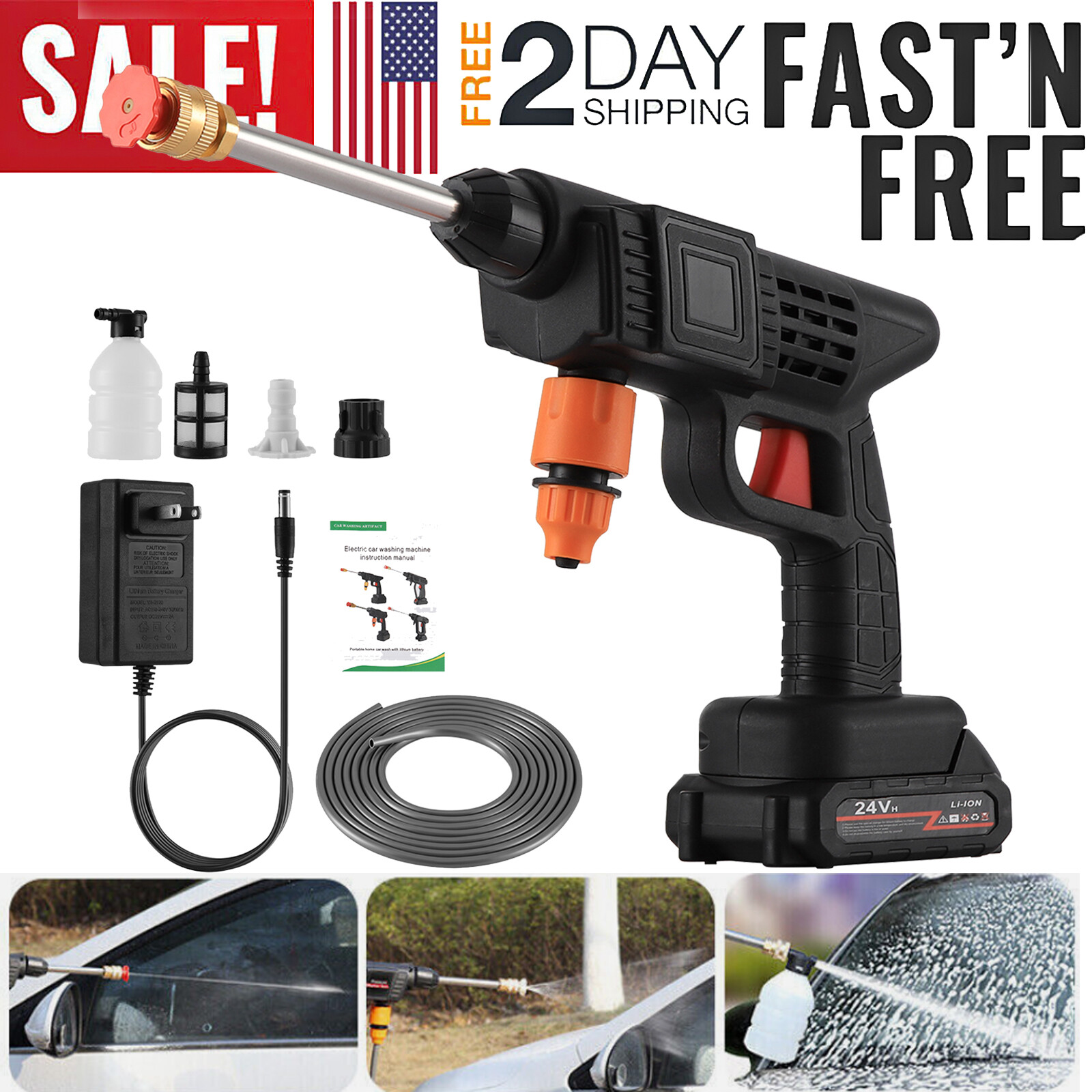 Portable Cordless Car High Pressure Washer Jet Water Wash Cleaner Gun +2 Battery