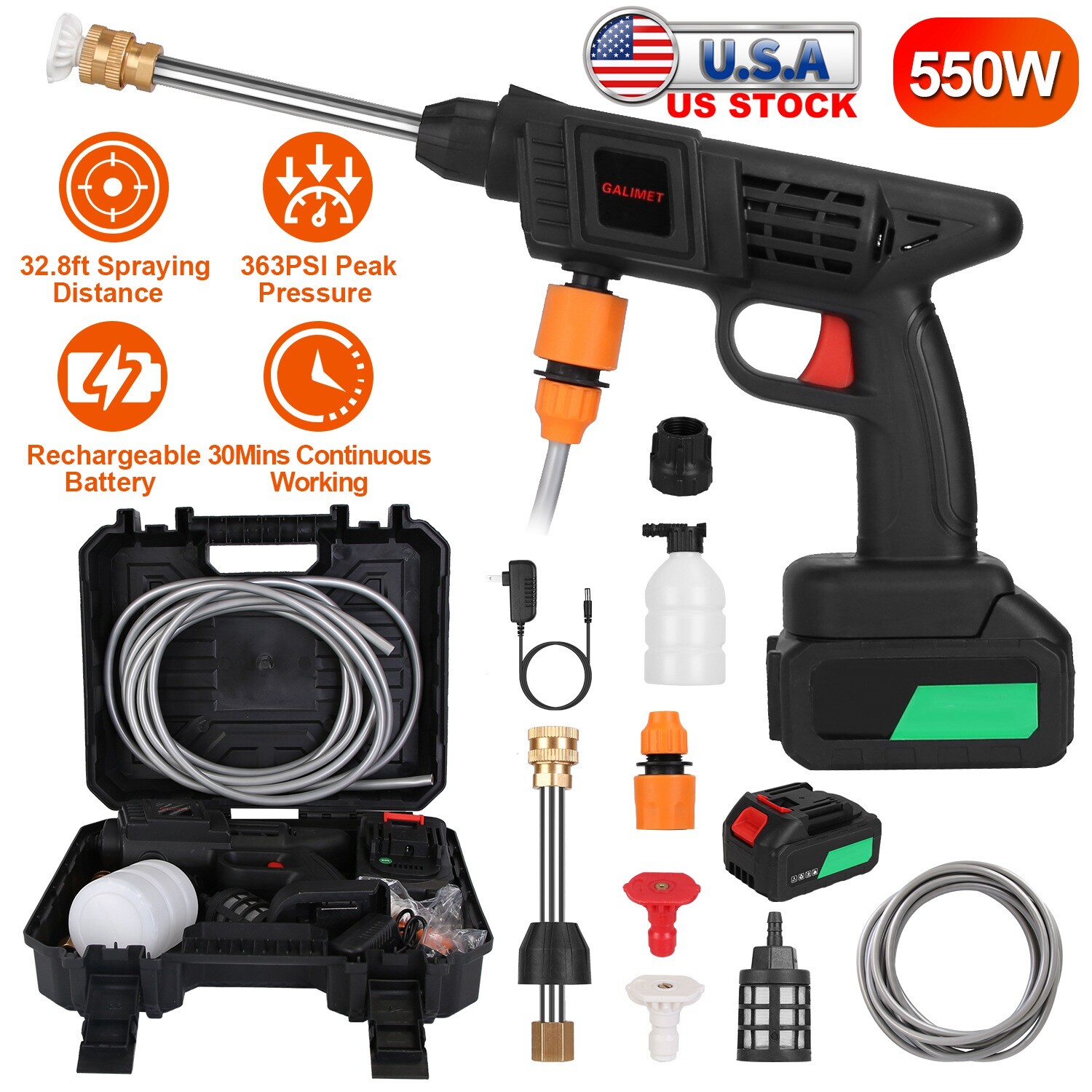 12000mAh Cordless High Pressure Car Washing Gun Pressure Washer Gun w/ 2 Nozzles