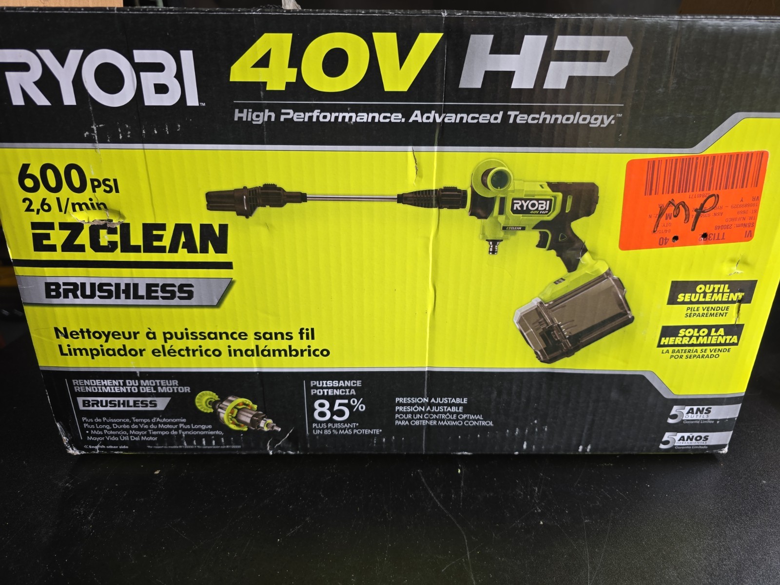 RYOBI 40V HP Brushless EZClean 600 PSI Water Electric Power No Handle Tool-only