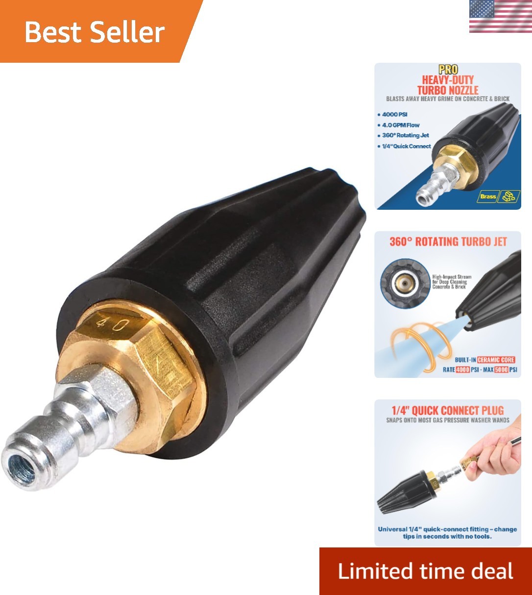 Max 5000 PSI Turbo Nozzle – 360° Rotating Spray Tips for Efficient Cleaning
