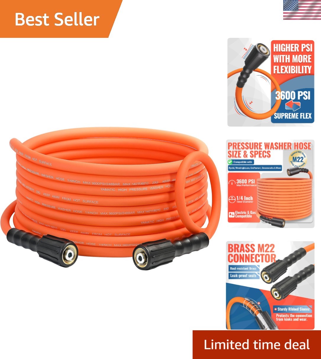25 FT Kink Resistant Pressure Washer Hose – High-Visibility Orange for Easy Use