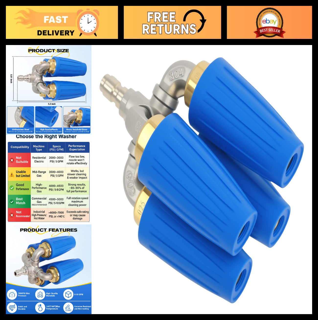 4-in-1 Turbo Pressure Washer Nozzle, 360° Rotating Tip, 5000 PSI, 1/4″ Quick Con