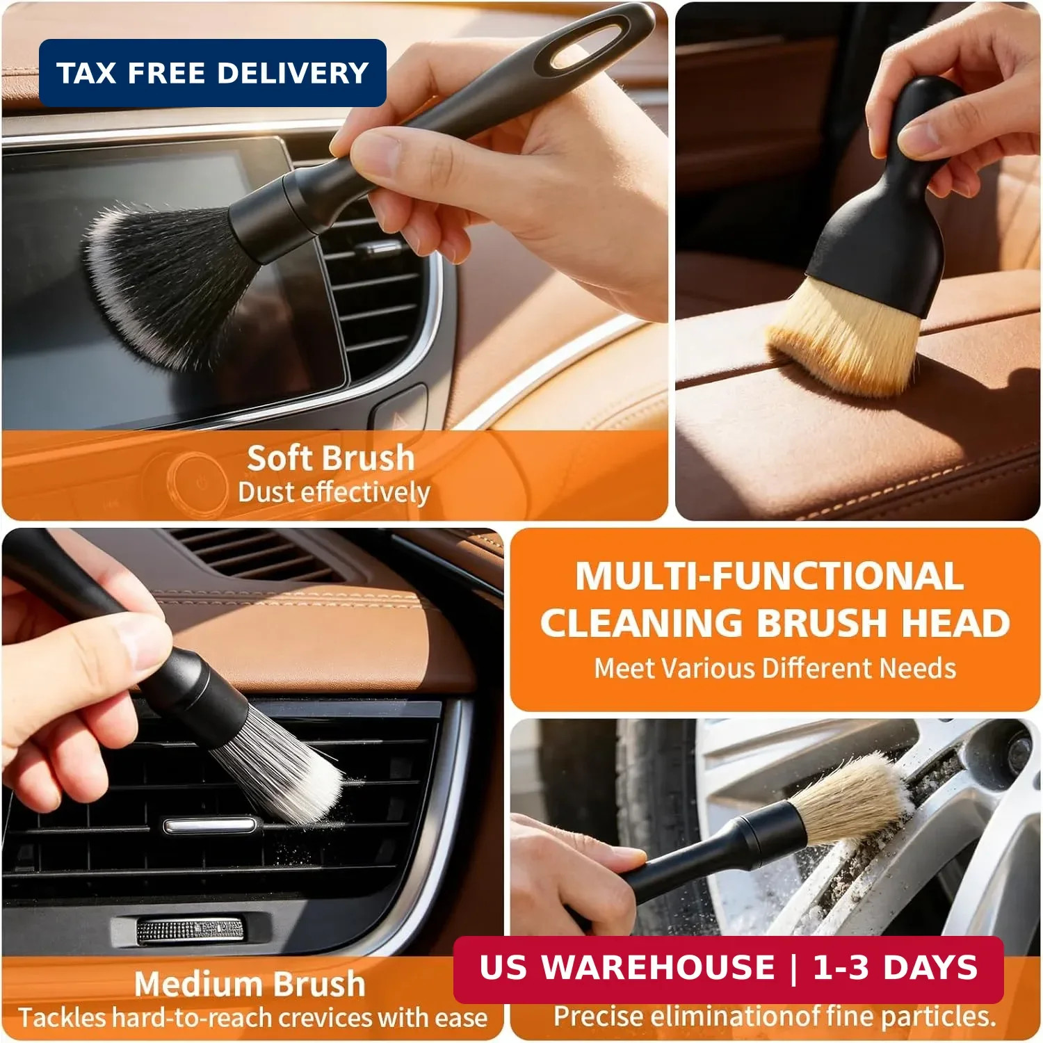 8PCS Car Detailing Brush Set, Ultra Soft Boars Hair Car Interior Detailing Brush