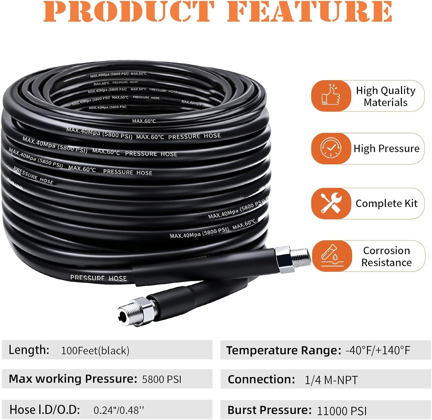 Sewer Jetter Kit for Pressure Washer, 100FT Drain Cleaner Hose 5800PSI with 1/4