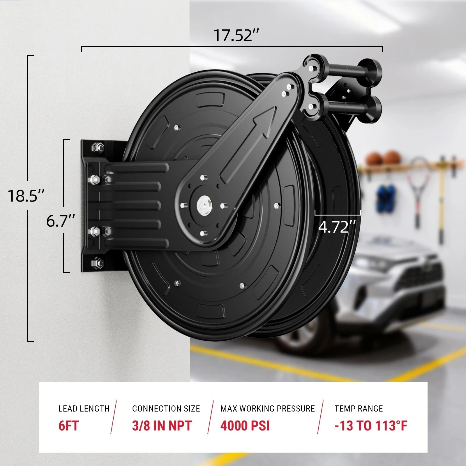 Pressure Washer Hose Reel, 3/8 in x 50 ft Retractable Pressure Washer Reels
