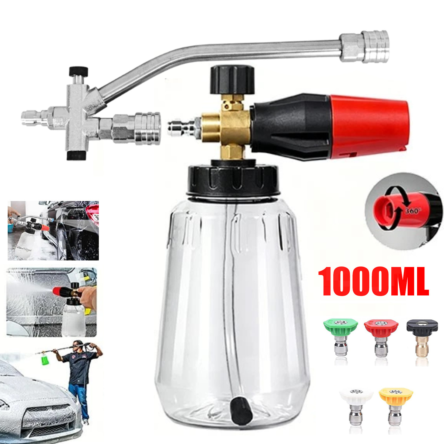 1000ml Snow Foam Lance Cannon Soap Bottle Dual-Connector Accessory w/5 Nozzles