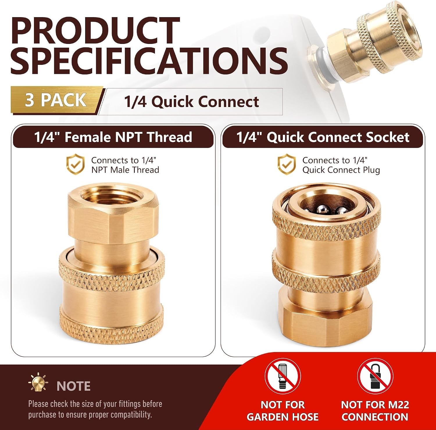 Pressure Washer Fittings 3 Pack Brass 1/4 Inch Quick Connect Coupler to Femal…