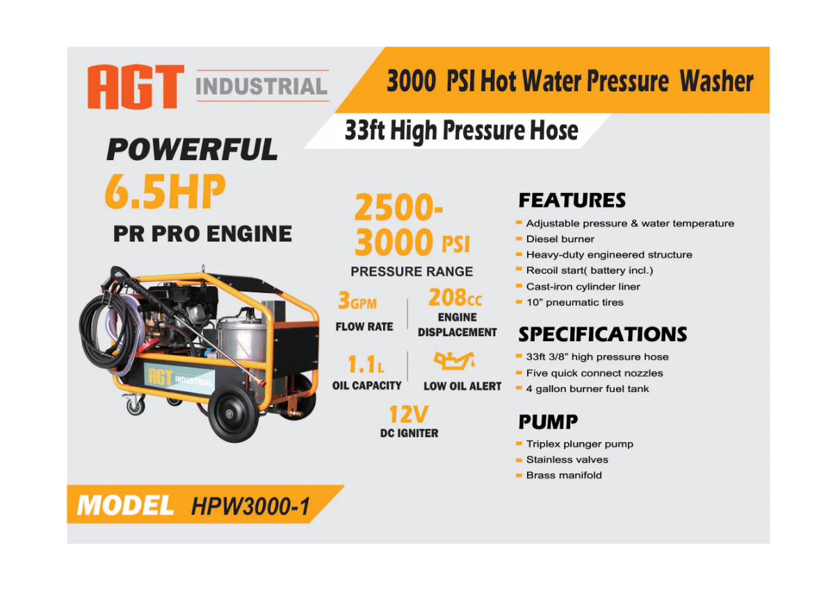 Agrotk Hot Water Pressure Washer Machine 6.5HP Gas Engine 3000 PSI Diesel Burner