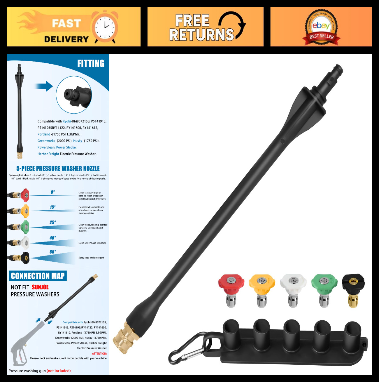 Pressure Washer Wand with 5 Spray Nozzles & Tips Holder for Universal Use