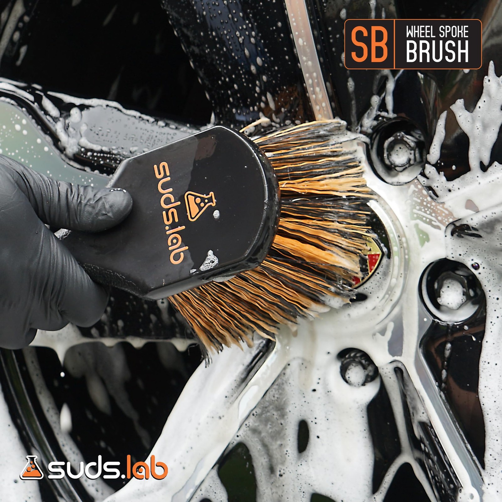 Suds Lab SB Wheel Spoke Tire Brush, Soft Bristle Black and Brown