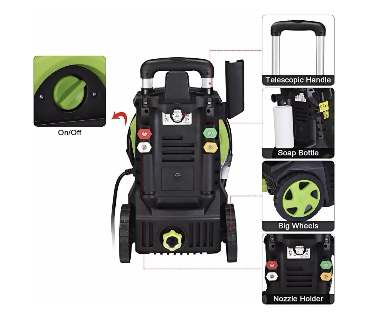 Green 2000 Watt Pressure Washer w/ 4 Interchangeable Nozzles & Soap Bottle New