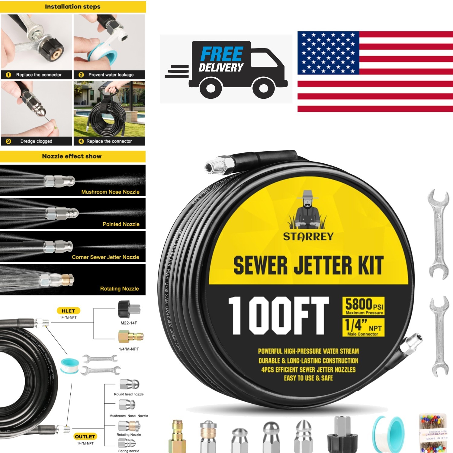 High Pressure Drain Jetter 100ft Hose Compatible with Most Pressure Washers