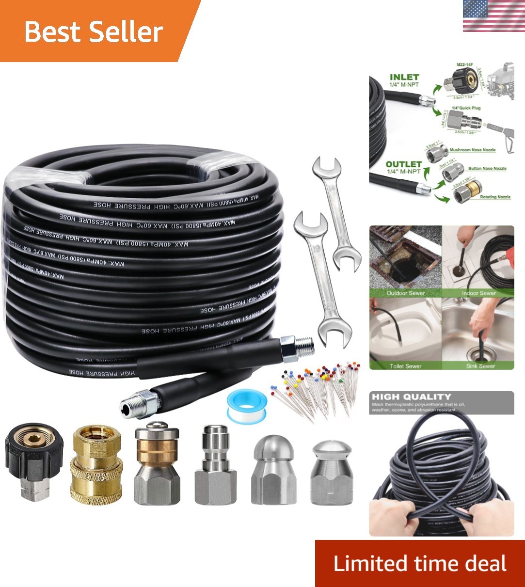 100FT Sewer Jetter Kit for Pressure Washers – 5800PSI Blockage Cleaner