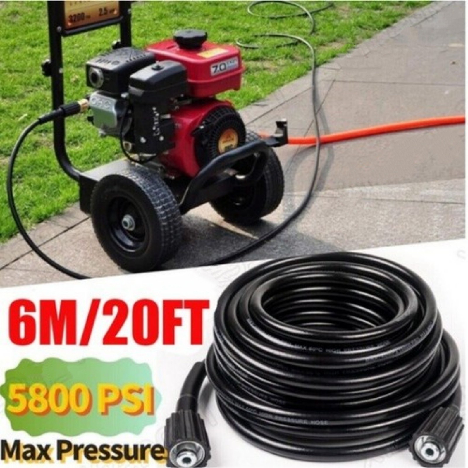 High Pressure Washer Hose 6m/20ft 5800PSI M22-14mm Power Washer Extension Tube