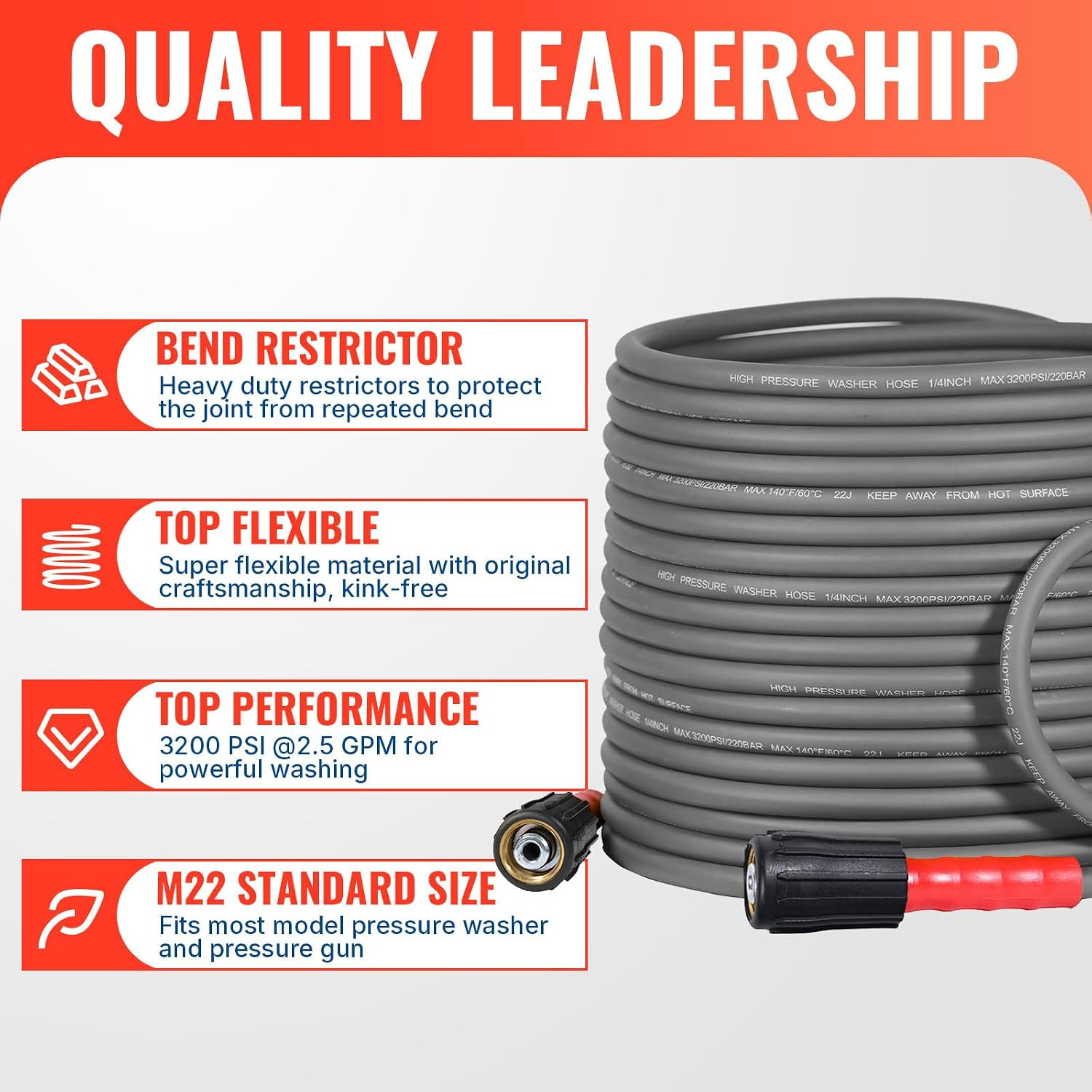 YAMATIC Pressure Washer Gun and 50FT Flexible Hose Stainless Steel Wand | 4000PS