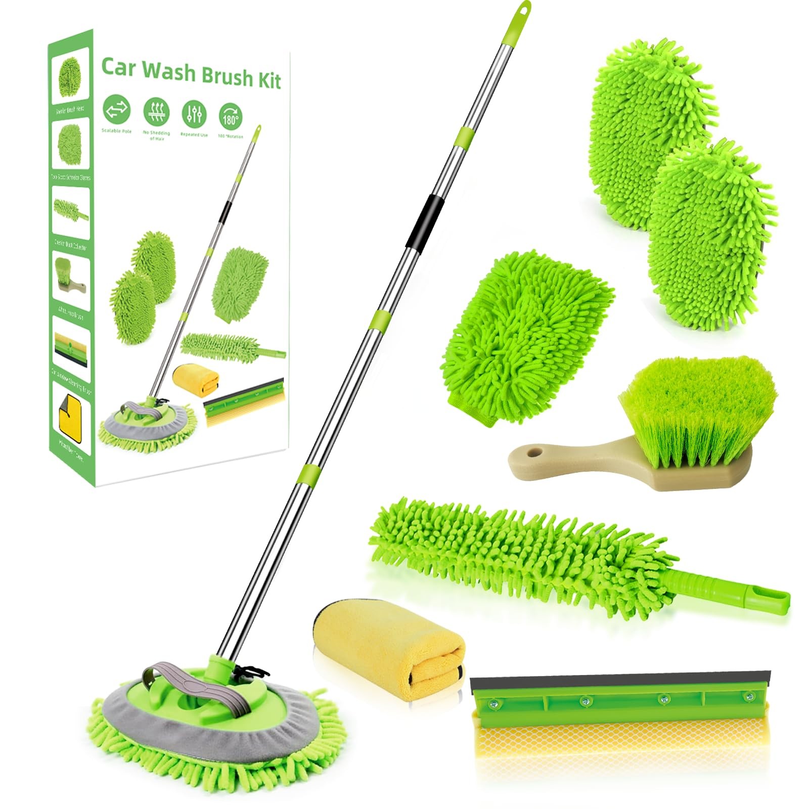 62″ Car Wash Brush with Long Handle Chenille Microfiber 11 Pack, Green