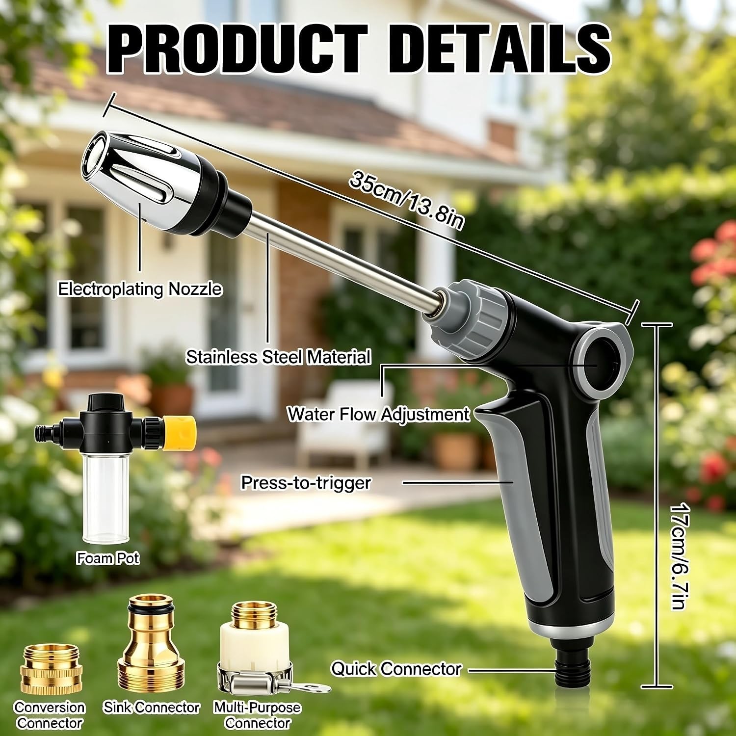 5000 PSI High Pressure Hose Nozzle, 1/2″ & 3/4″ Fit, Adjustable Spray Patterns