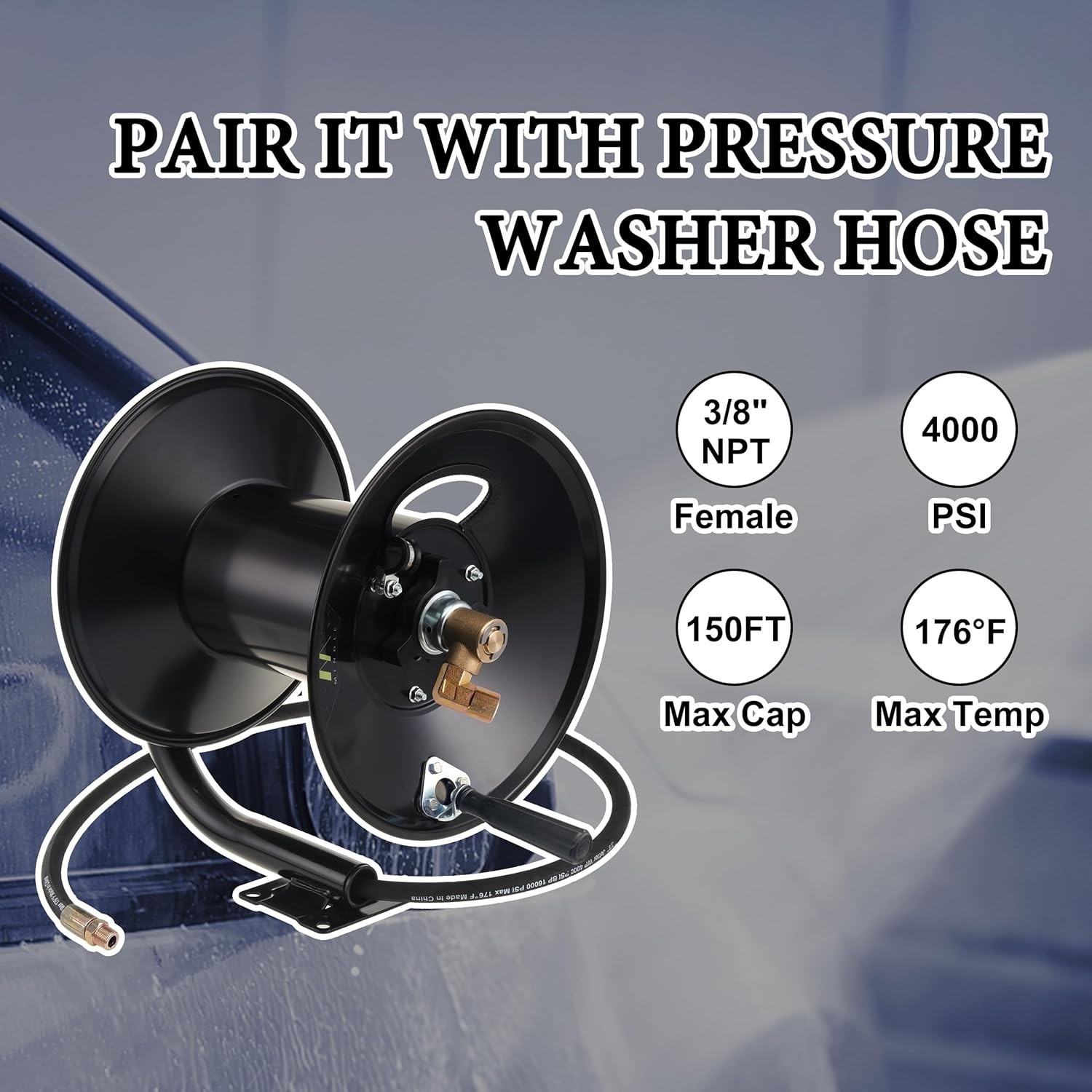 150ft Heavy Duty Pressure Washer Hose Reel with Manual Crank & Mounting Bracket