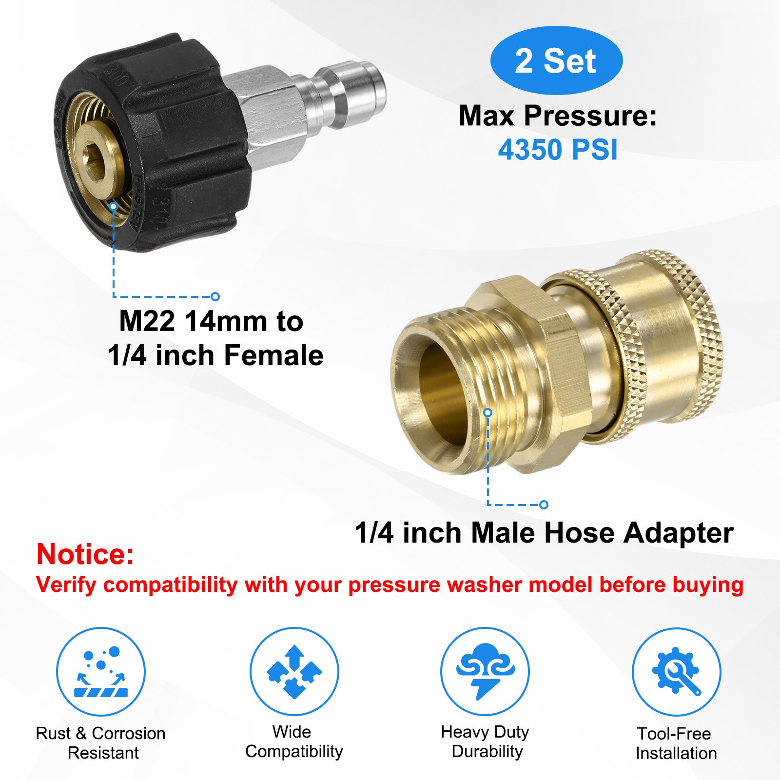 2-Set M22 14mm to 1/4 Inch Female & Male Pressure Washer Quick Connect Fittings