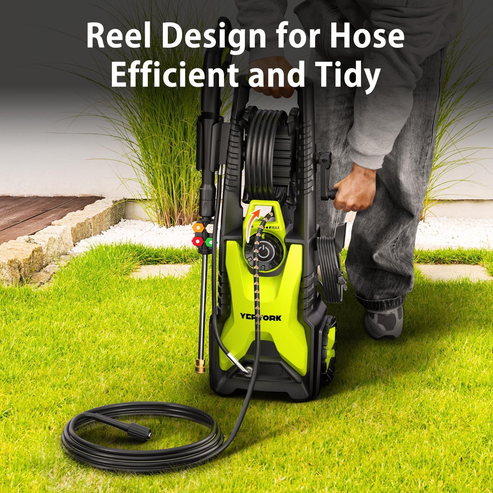 Adjustable 5000 PSI Pressure Washer, 2.5 GPM, 33FT Hose Reel, Foam Cannon & Nozz