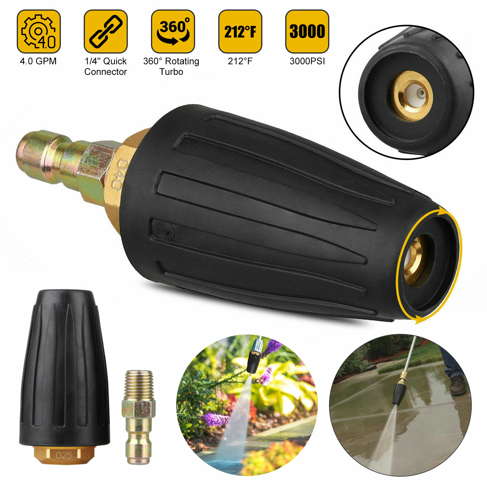 1/4″ High Pressure Washer Fast Rotating Turbo Nozzle Spray Tip 4.0 GPM 3000PSI