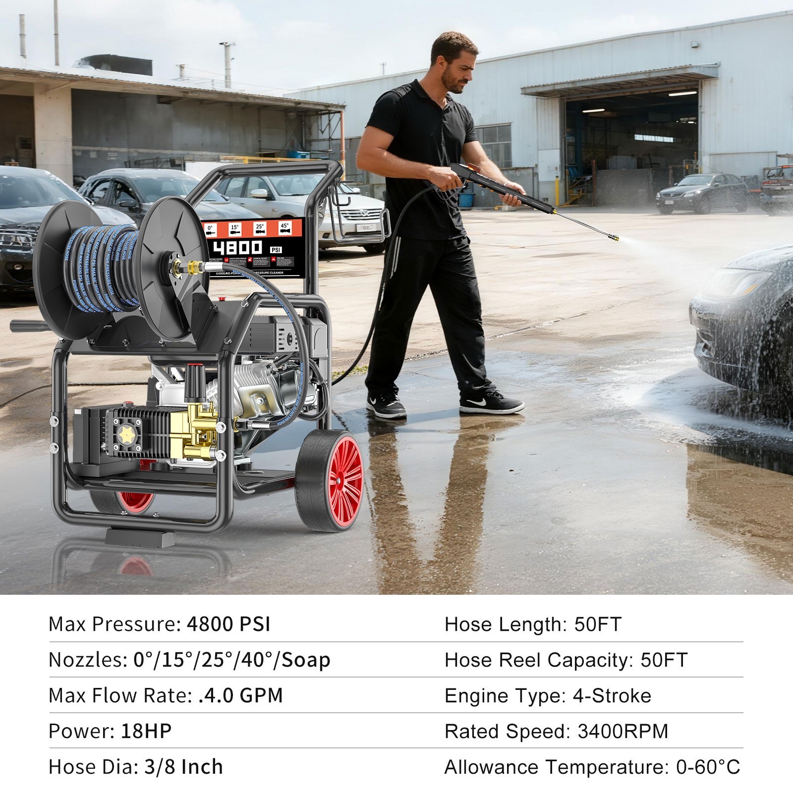 POHIR 4800PSI Gas Pressure Washer 4.0 GPM 500cc 18HP Electric Start 50FT Hose