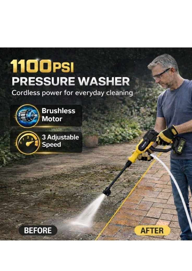 Battery Powered Power Washer – 2×4.0Ah Batteries,1100 PSI,Brushless Motor