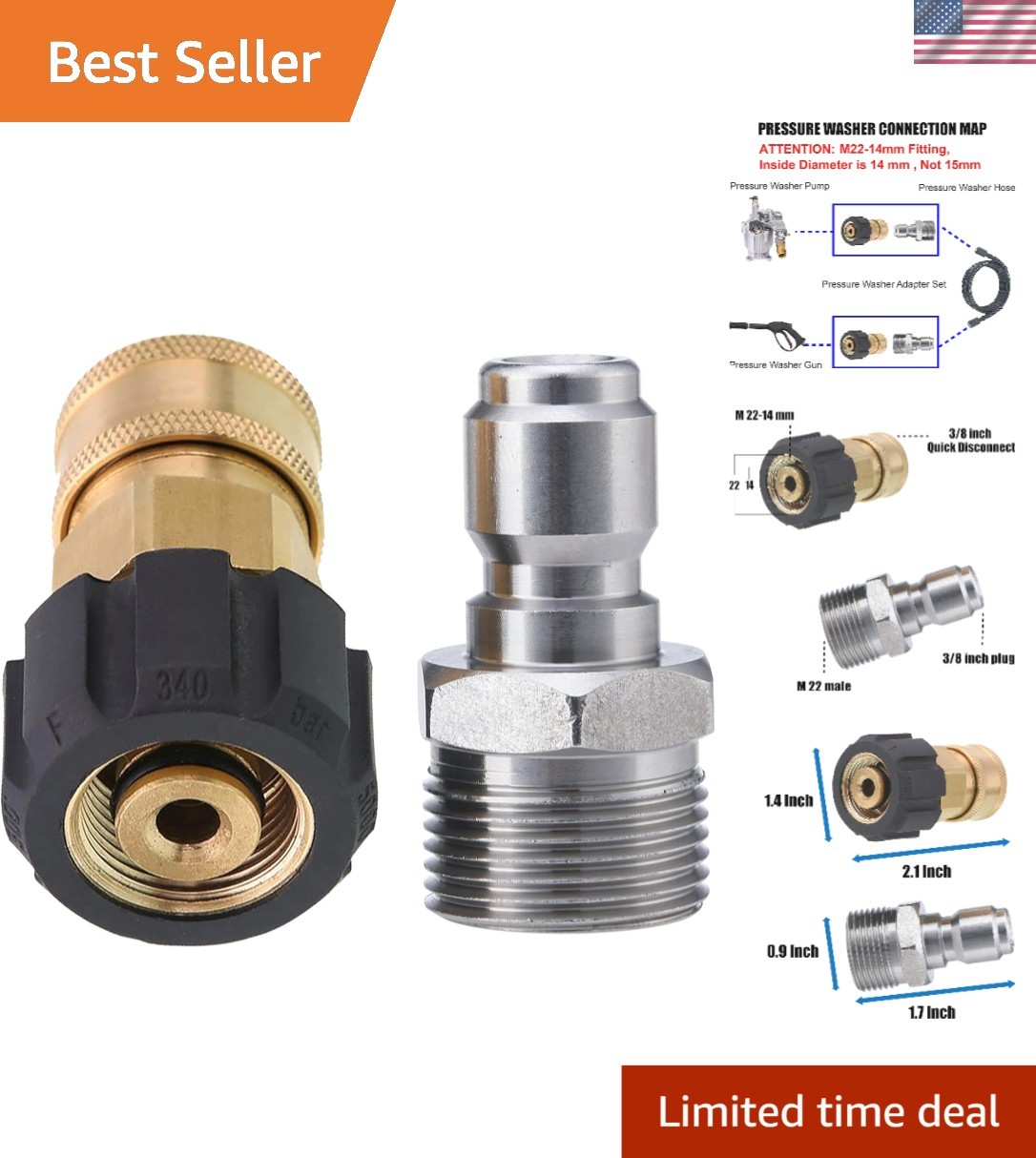 High-Quality Brass Pressure Washer Adapter, M22 14mm to 3/8 Inch Quick Connect