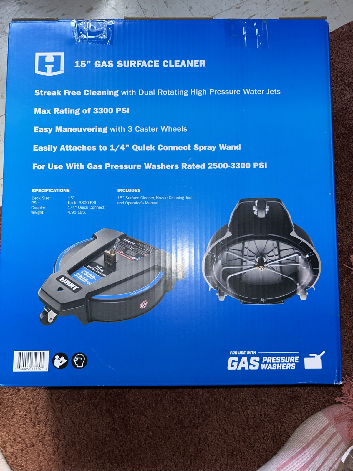 HART® 15” Gas Surface Cleaner 2500-3300 PSI Pressure Washer 1/4” Quick Connect