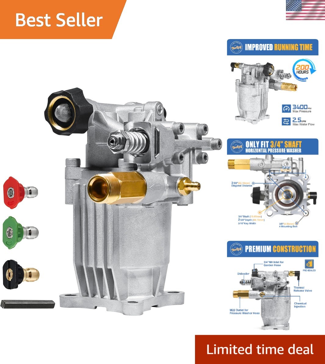 Aluminum 3/4″ Shaft Pressure Washer Pump – Easy Start, Compatible with Honda