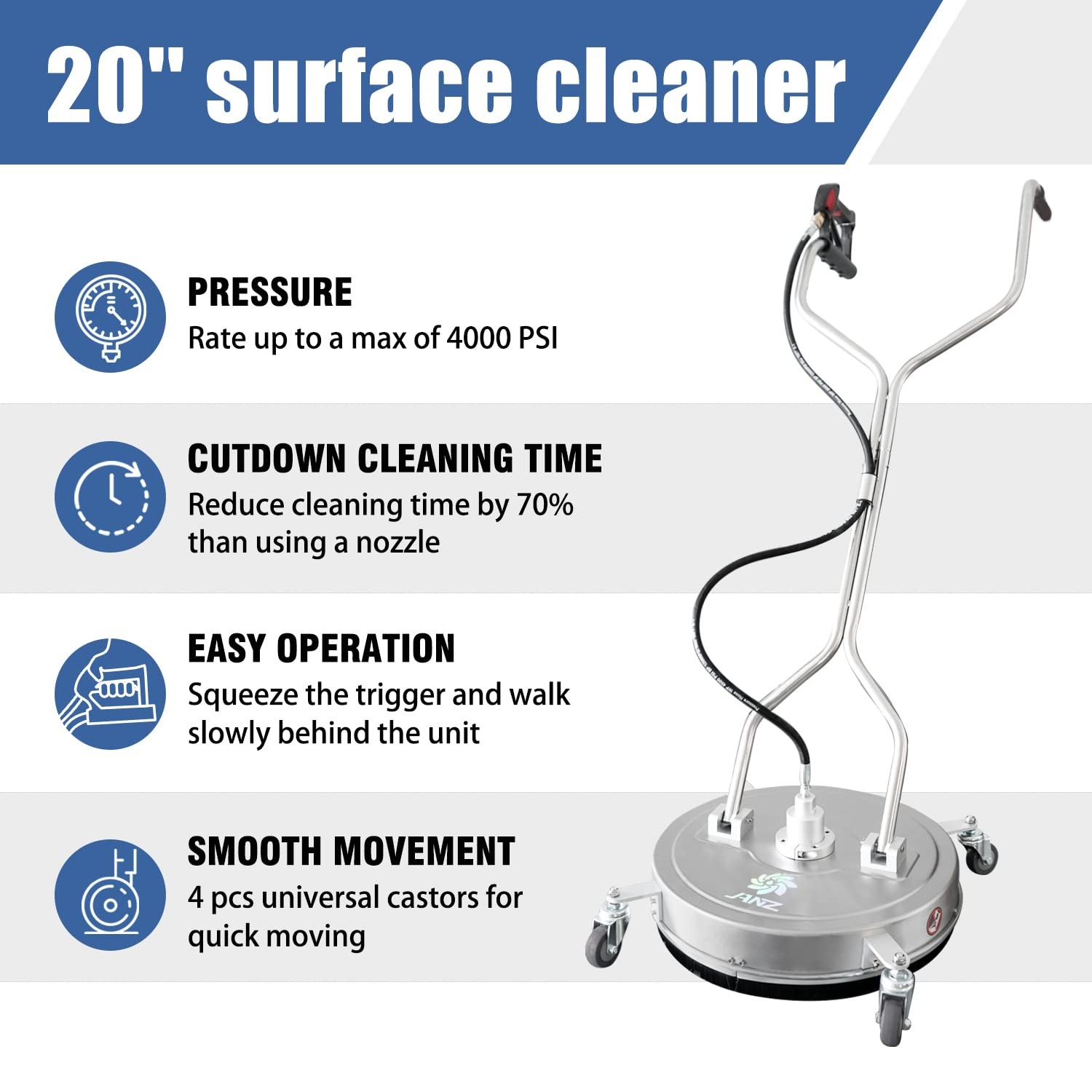 20″ Pressure Washer Surface Cleaner with 4 Wheels,Dual Handle,Stainless Steel…
