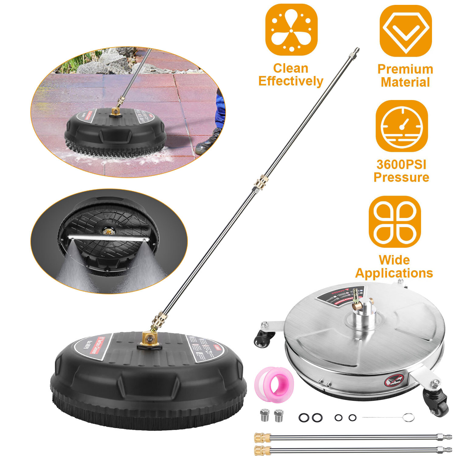 15″ Stainless Steel Pressure Washer Surface Cleaner for Driveways Patios Decks