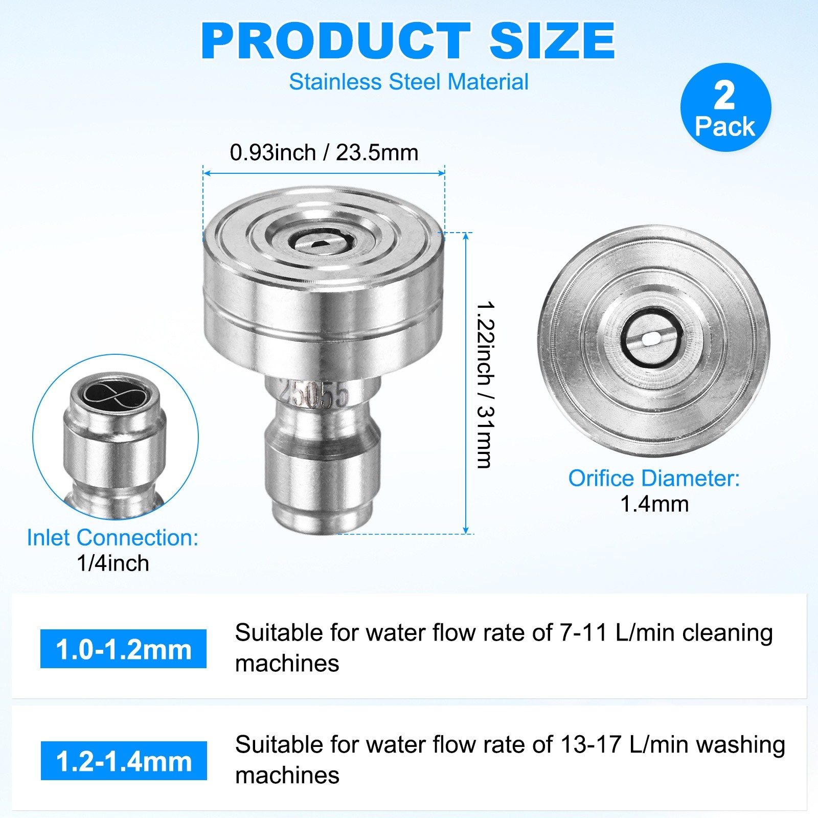 2-Pack 25 Degrees Pressure Washer Nozzle Tips, 1/4 Inch Quick Connect, 1.400mm