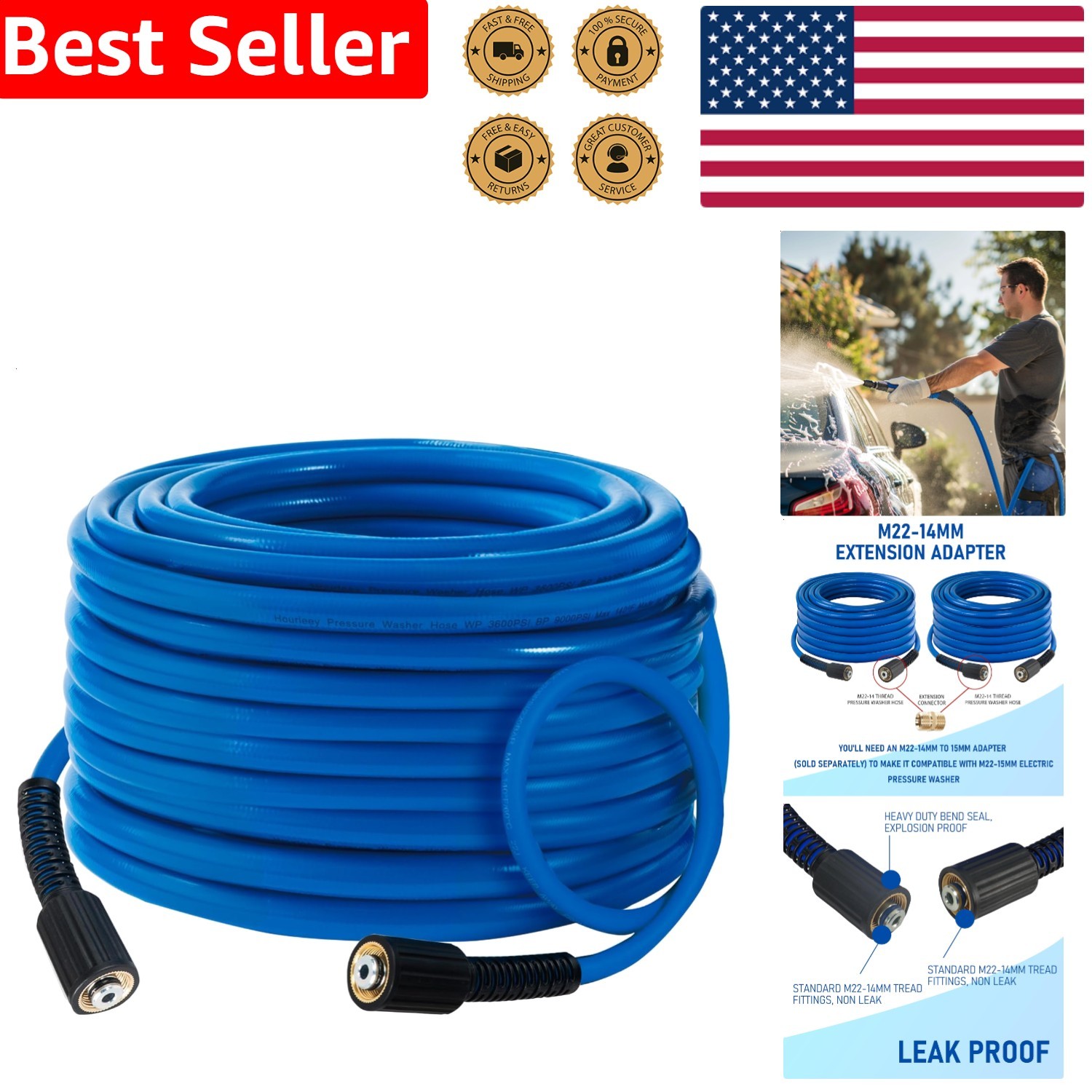 Heavy-Duty Power Hose 30ft Kink-Resistant 3600PSI Abrasion-Proof Blue Quick 1/4