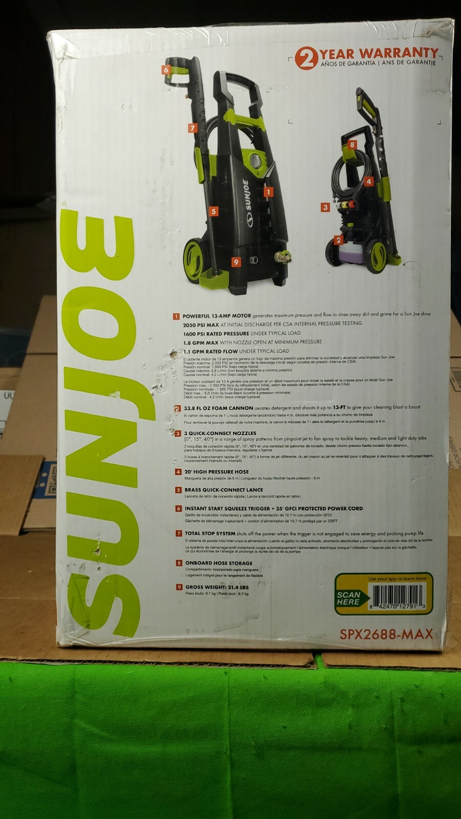 NEW Electric Pressure Washer Sun Joe SPX2688-MAX 13-Amp 2050 PSI MAX 1.8 GPM