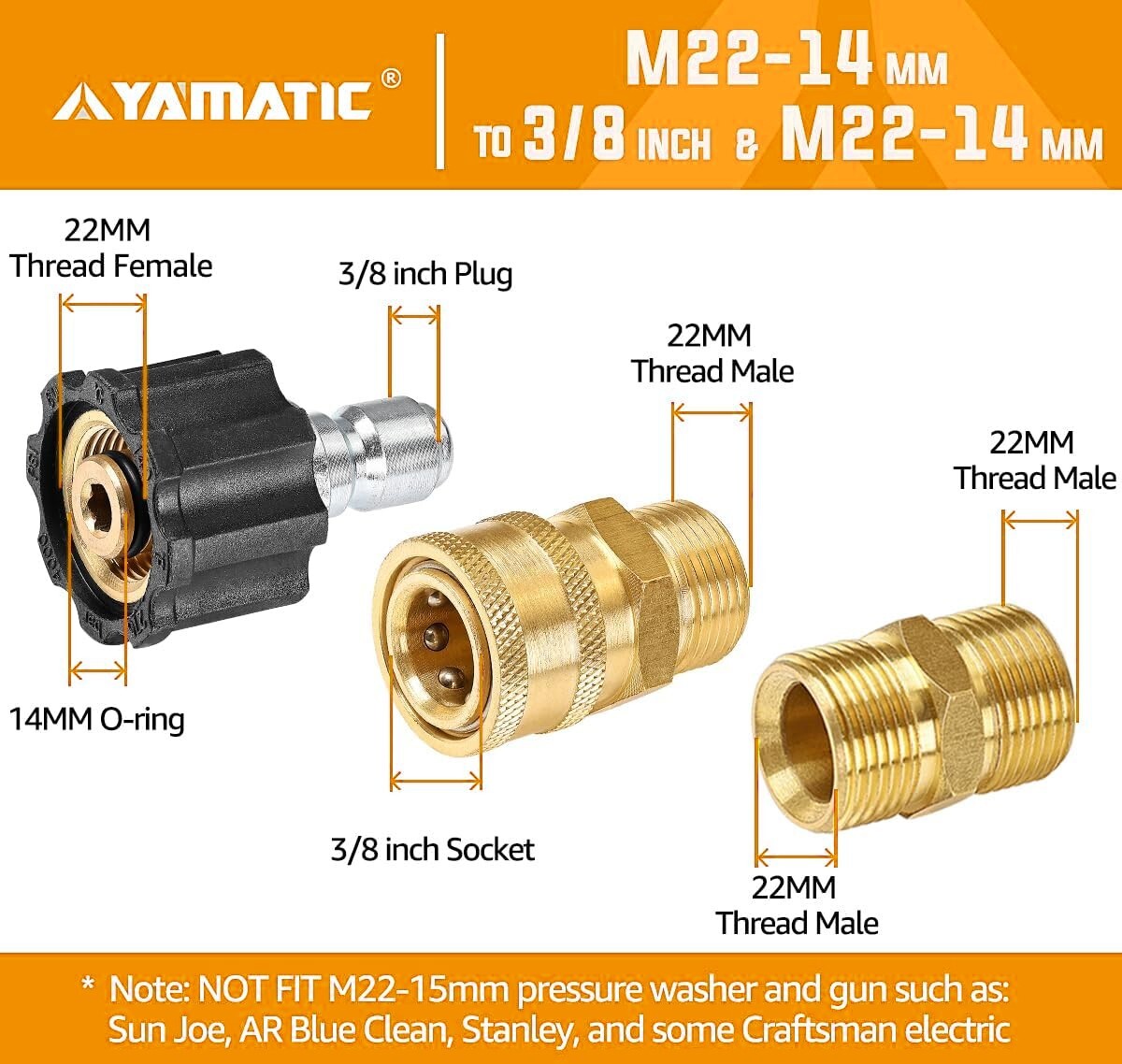 YAMATIC Pressure Washer Adapter Set 5000 PSI M22-14mm to 3/8″ Quick Connectors