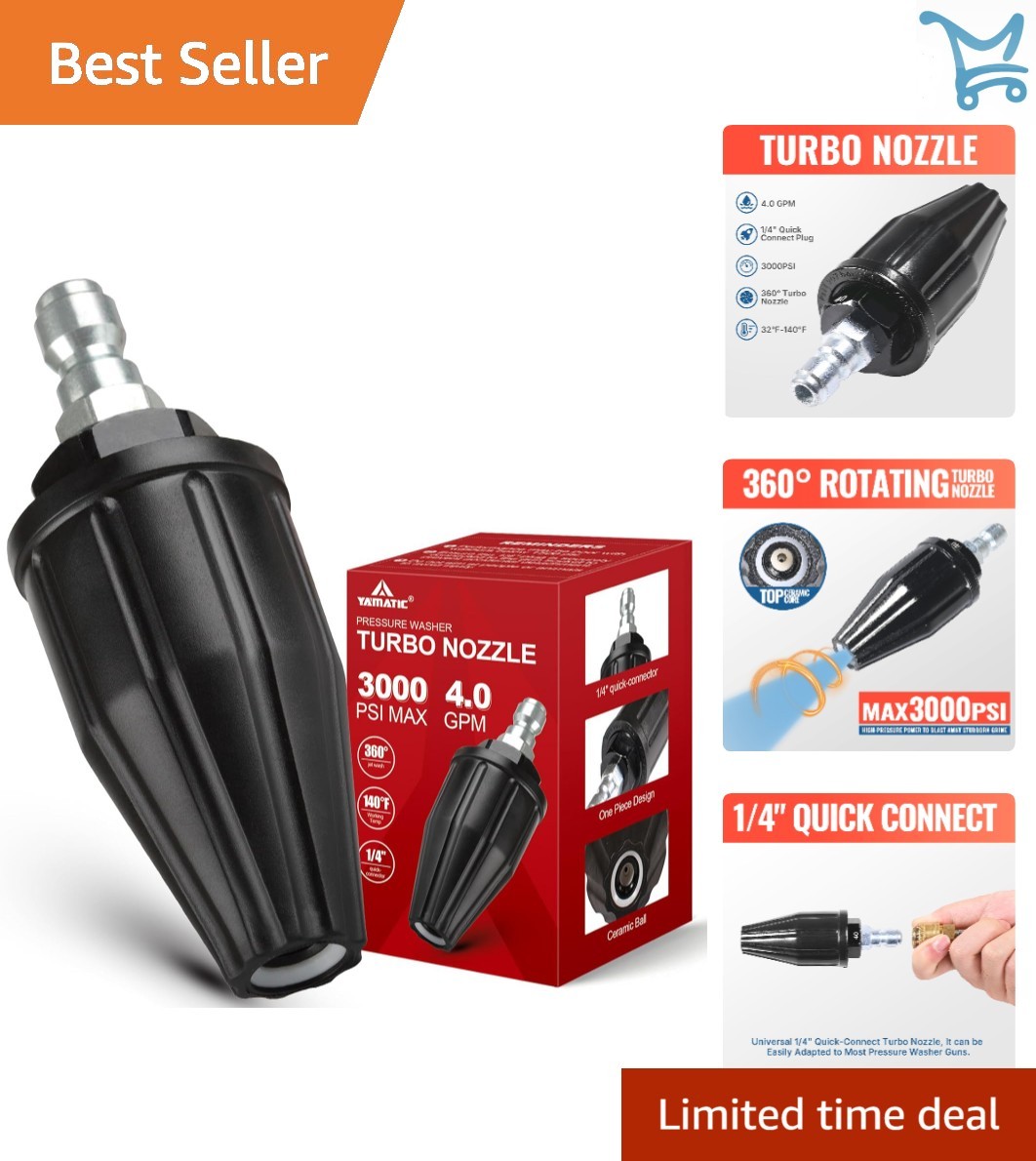 Pressure Washer Turbo Nozzle 360° Rotating Spray 3000 PSI 4.0 GPM Quick Connect