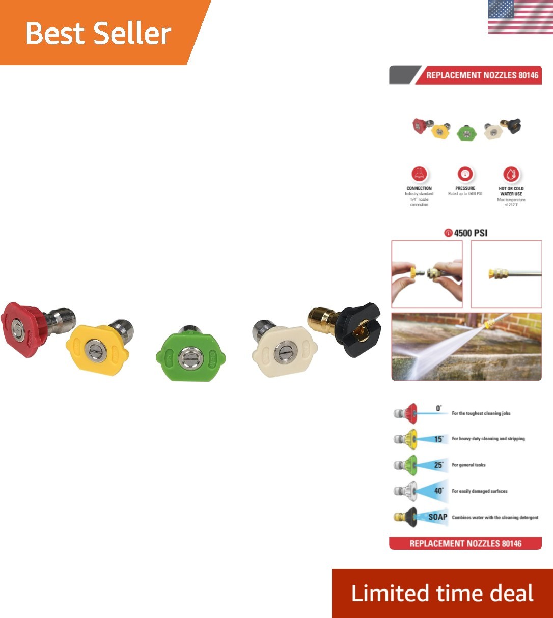 Versatile 4500 PSI Pressure Washer Nozzles – Stainless Steel, Easy Connect Set