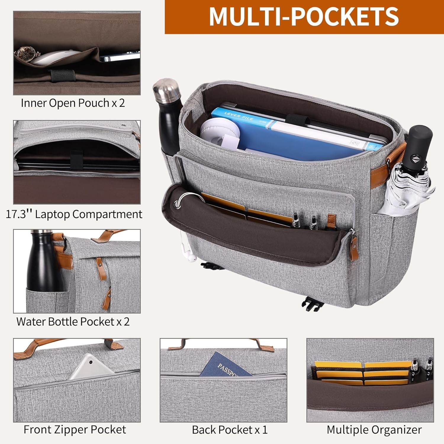 Mens Messenger Bag 17-17.3″ Laptop Canvas Water Resistant Work Grey