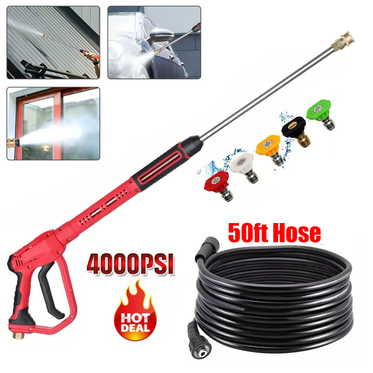 1/4″ Pressure Washer Gun + Extension Wand Lance +5 Nozzle Tips /50FT Hose M22