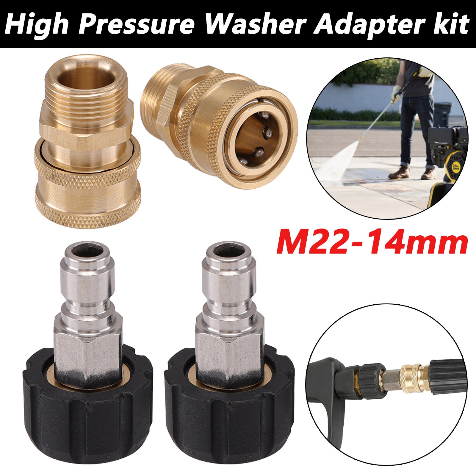 4PCS Set Pressure High Washer Adapter Quick Kit M22-14mm Swivel 3/8” Connect