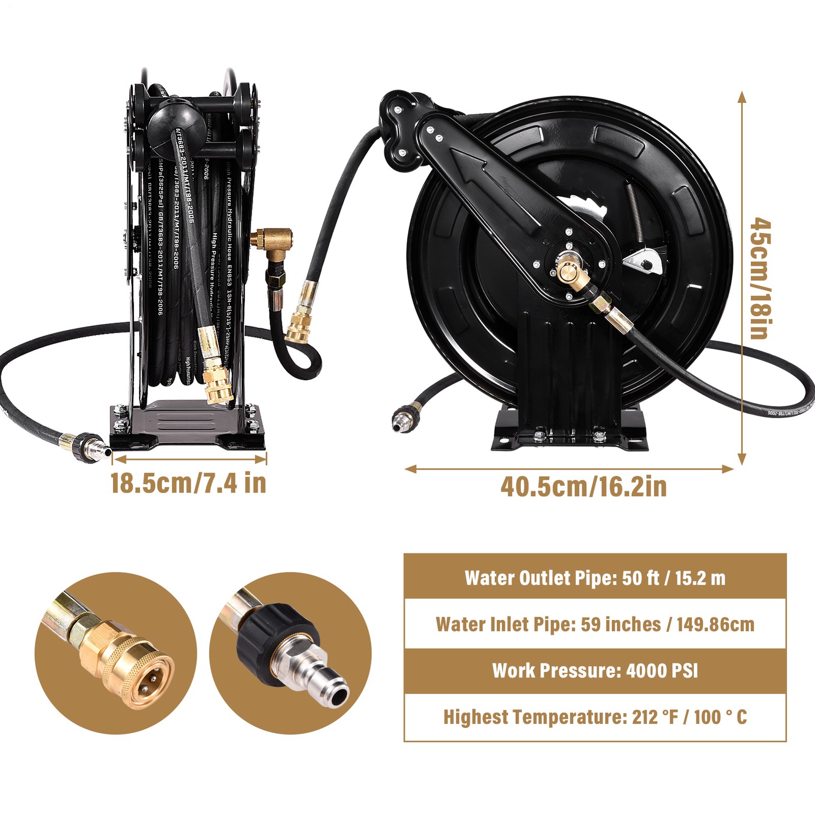 Heavy Duty 3/8″ x 50 ft Retractable Pressure Washer Hose Reel, 4000PSI Hose