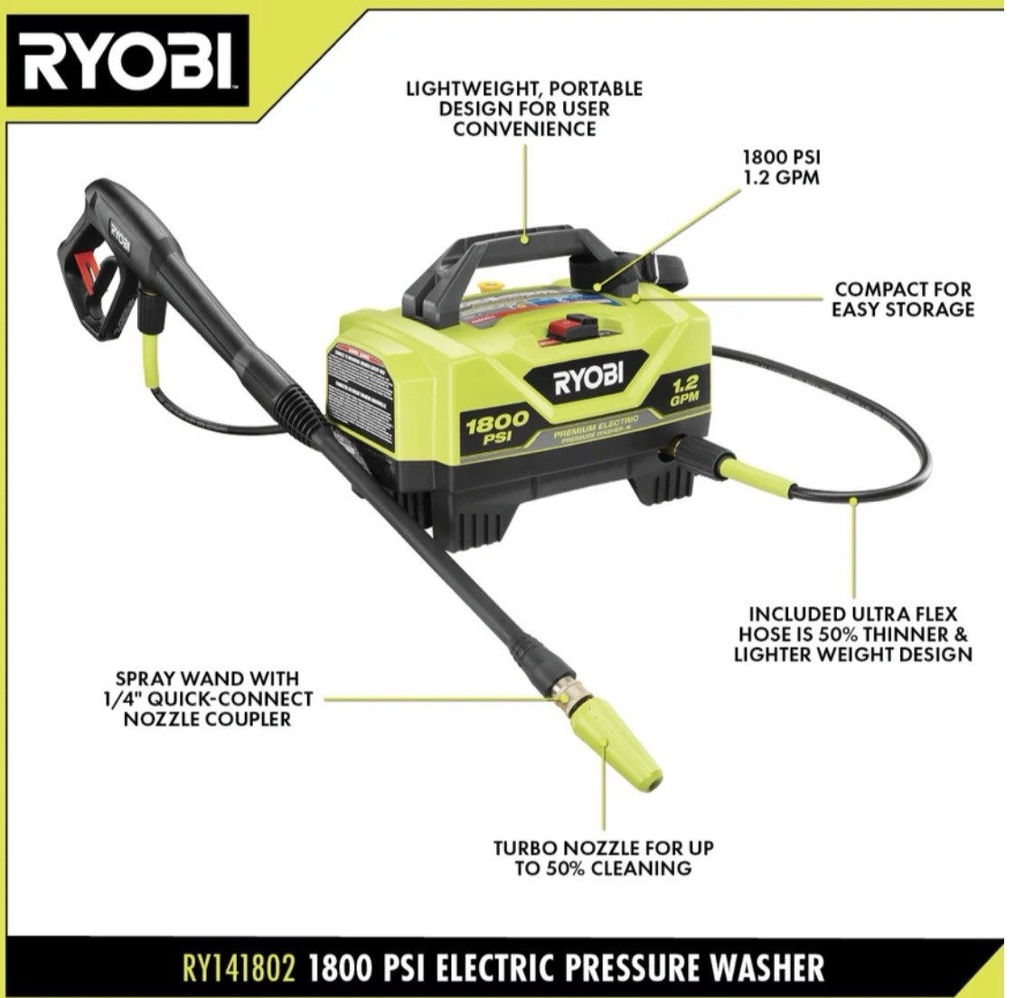 💥NEW SEALED💥RYOBI RY141802 1800PSI 1.2GPM COLD WATER ELECTRIC PRESSURE WASHER!