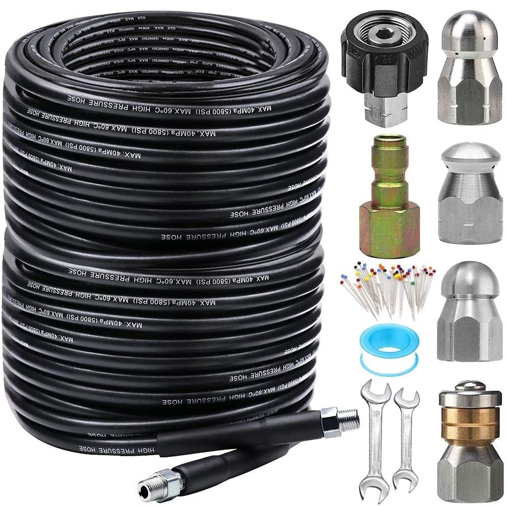 200FT Sewer Jetter Kit for Pressure Washer, 5800PSI Drain Cleaner Hose 1/4 In…
