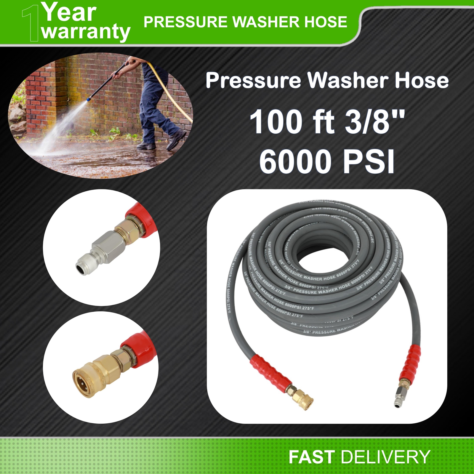 100 ft 3/8″ Non-Marking 6000 psi Pressure Washer Hose HOT WATER