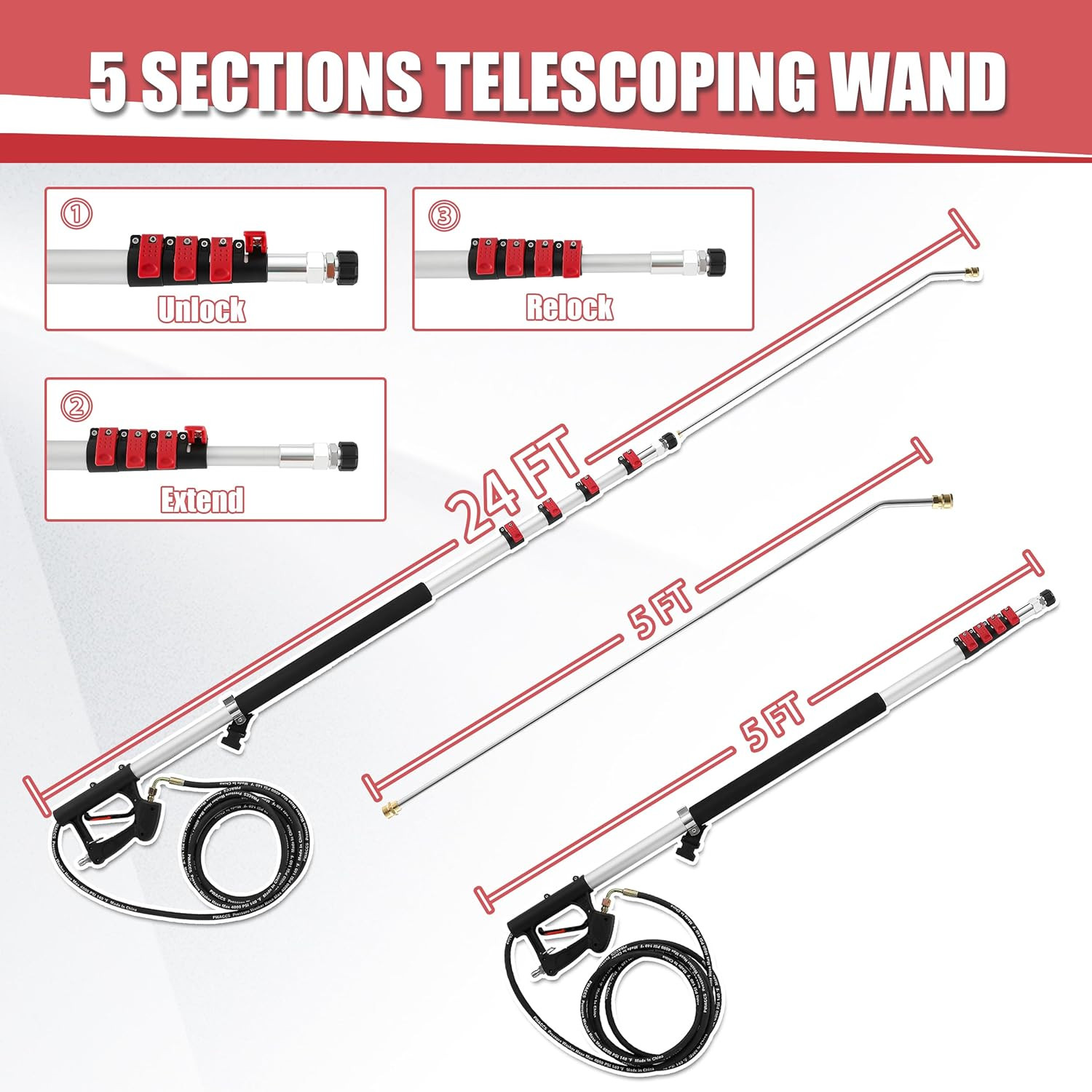 24FT Telescoping Pressure Washer Wand with Gutter Cleaner & 7 Nozzles