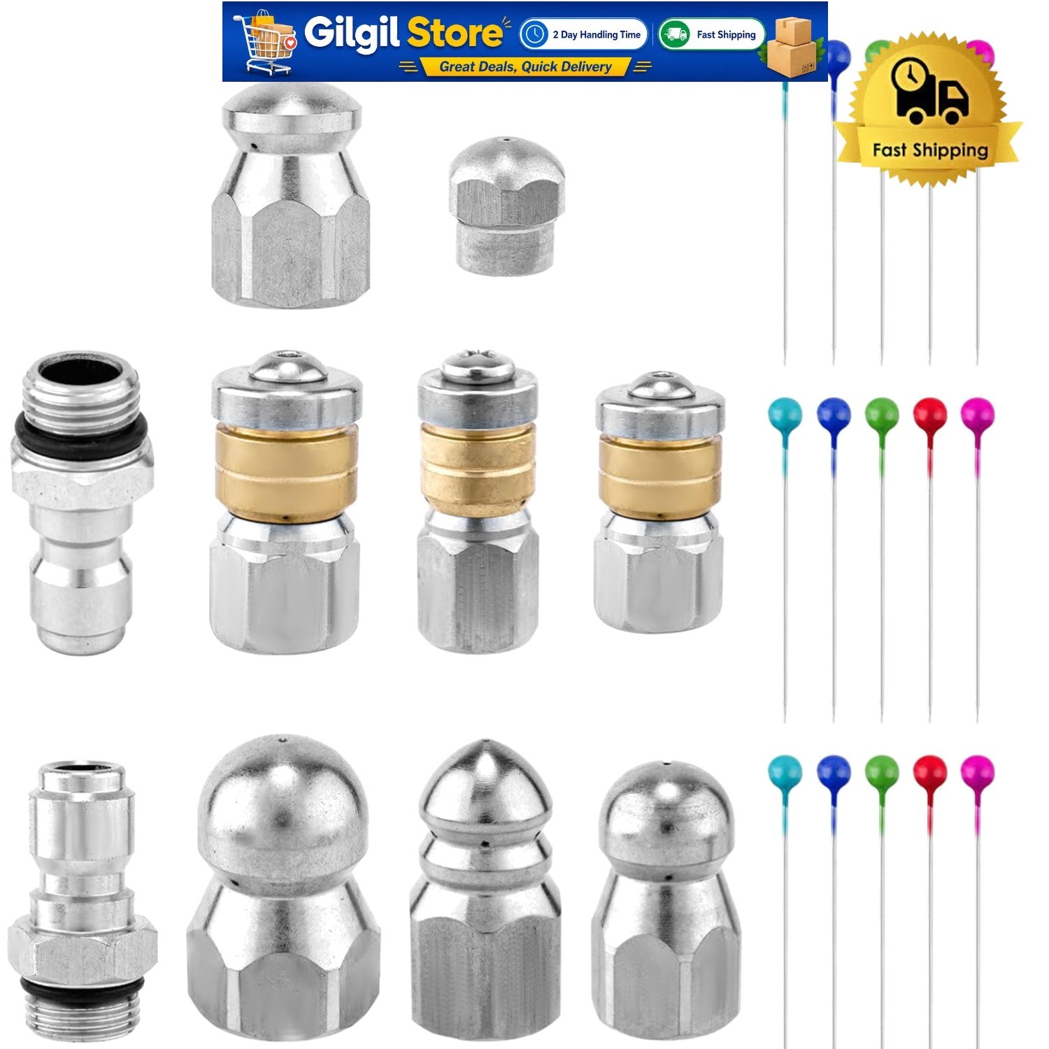 High-Pressure 10-Pc Sewer Cleaning Nozzle Set with Quick Connectors & Needles